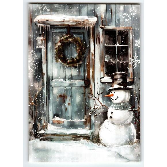 Vintage Christmas Snowman Lithograph Postcard 5.5x4 Winter Scene - Picture 1 of 2